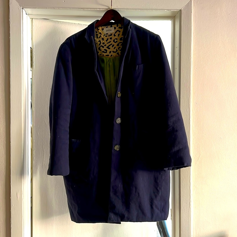 Navy heavy linen winter coat; Chartreause silk lining; w/ animal print. Polder.